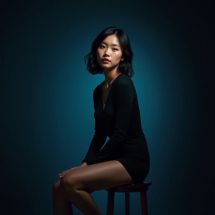 AI-generated photo: Photorealistic studio portrait. The subject is seated on a simple stool, torso turned slightly to on...