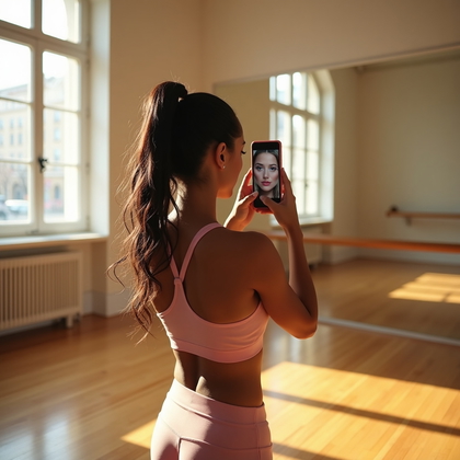 AI-generated photo: Photorealistic mirror selfie photo in a bright dance studio with a full wall mirror, honey-maple flo...