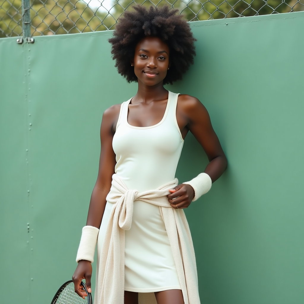 Minimal Clean Girl Tenniscore Portraits example: Photorealistic fashion portrait photography showing a half-body tenniscore look beside a pale green tennis court fence,