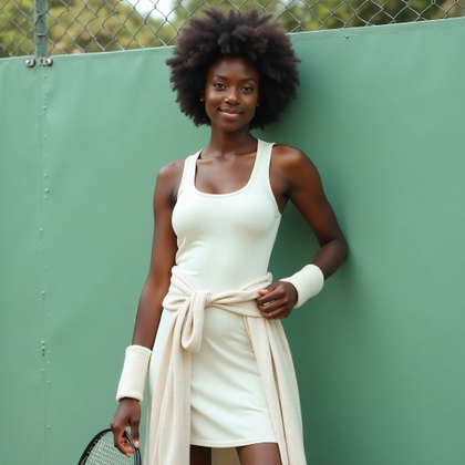 Minimal Clean Girl Tenniscore Portraits example: Photorealistic fashion portrait photography showing a half-body tenniscore look beside a pale green tennis court fence, 