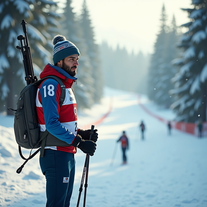 AI-generated photo: Photorealistic sports photography. A biathlon athlete stands at the edge of a snowy forested course,...