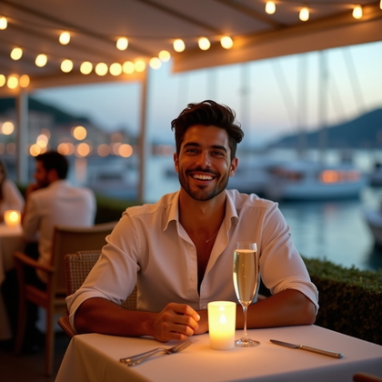 Elegant Waterfront Evening Portraits example: Photorealistic portrait photography. Environmental portrait at a chic outdoor waterfront café, the subject seated at a s