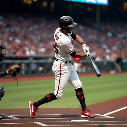 AI-generated photo: Professional MLB game photograph captured from a center-field position slightly off-axis, presenting...