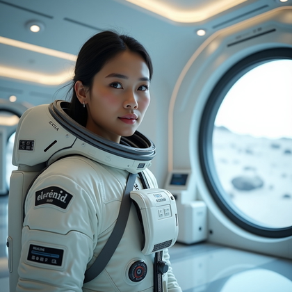 AI-generated photo: Photorealistic cinematic portrait photography, inside a spacious moon habitat operations atrium desi...