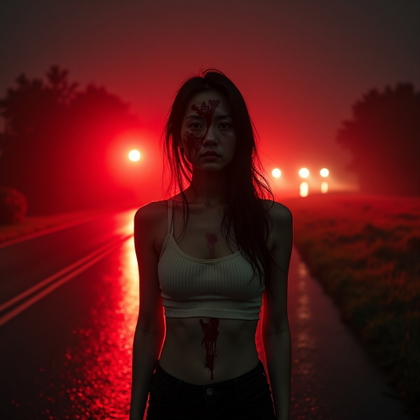 Blood-Streaked Final Girl Close-Up example: Cinematic horror portrait photo, full-body portrait of a survivor frozen in the middle of an empty road at night, face c
