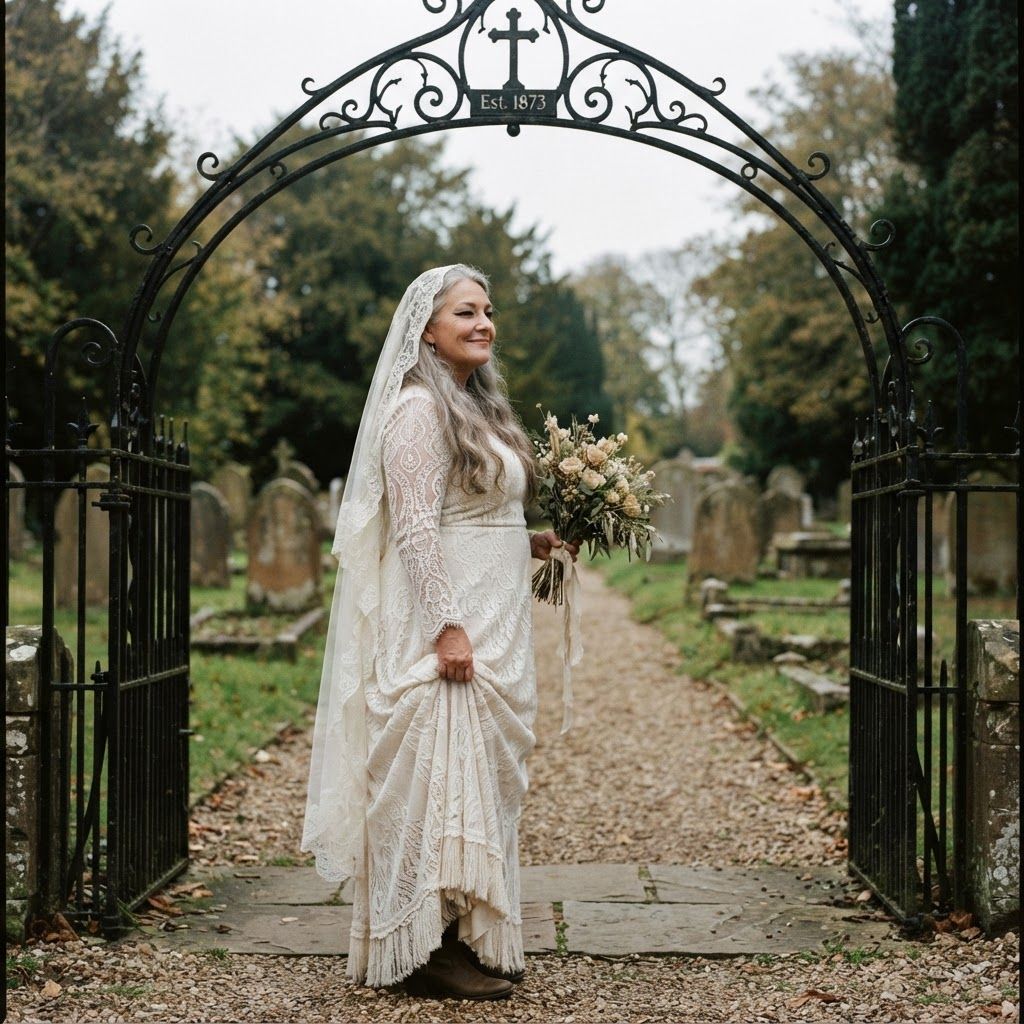 Gothic Bride Beneath a Cemetery Arch: Standing in profile just inside a wrought-iron cemetery arch, she turns her face slightly toward the viewer, revealing winged eyeliner…