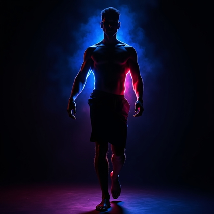 AI-generated photo: Photorealistic studio portrait photography. Full-body, editorial-style semi-silhouette in a dark stu...