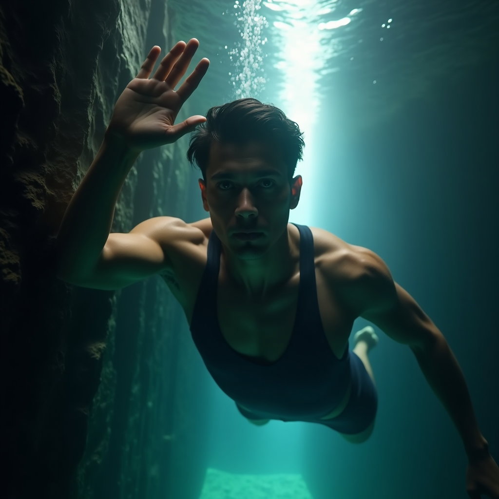 AI-generated photo: Photorealistic underwater portrait photography. The subject is shown in a dramatic, mid-body shot an...