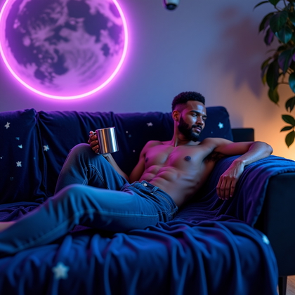AI-generated photo: Photorealistic lifestyle photography. Person reclining on a low modern couch with a deep blue velvet...