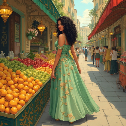AI-generated photo: Art Nouveau illustration. Capture a vibrant street scene depicting a bustling marketplace, where an ...