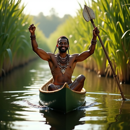 AI-generated photo: Photorealistic lifestyle photography in a calm river delta among tall green reeds, the subject balan...