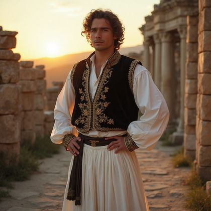 AI-generated photo: Cultural Attire Portrait featuring a man in a traditional Greek fustanella, characterized by its met...