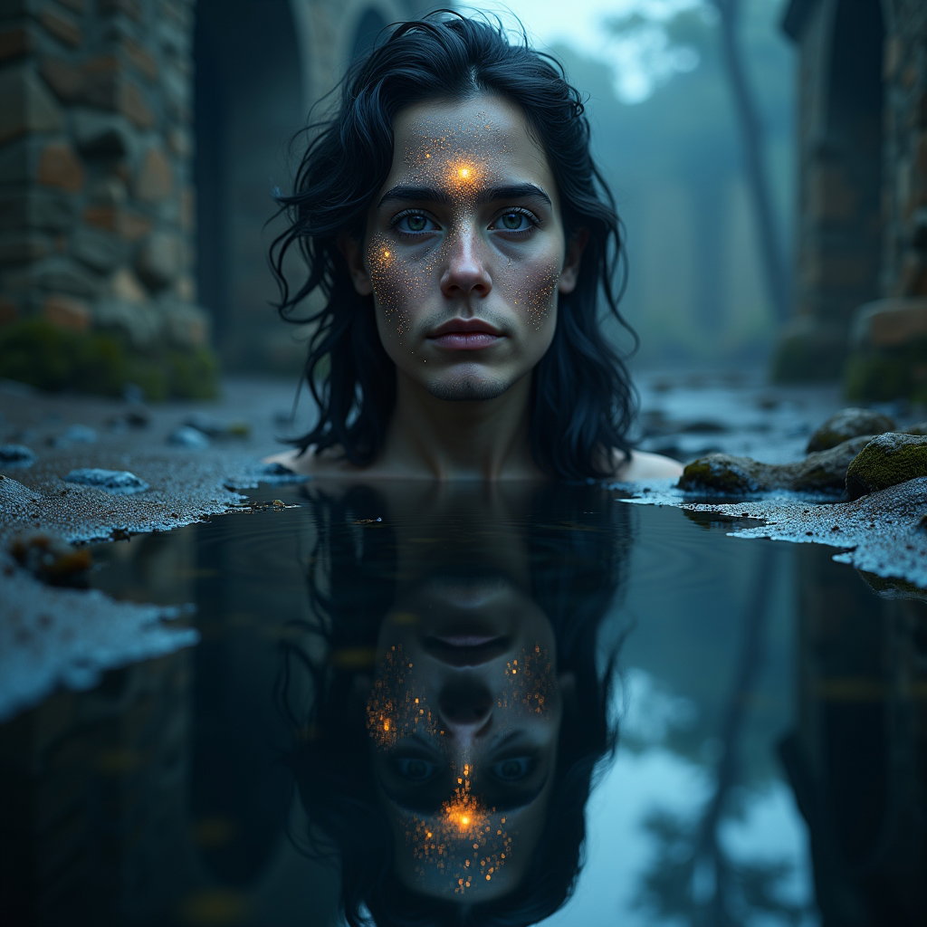 Solo Orpheus Moonlit Poet-Hero Portrait example: Surreal mythological portrait photography. Unexpected creative portrait with the solo Orpheus figure reflected in still