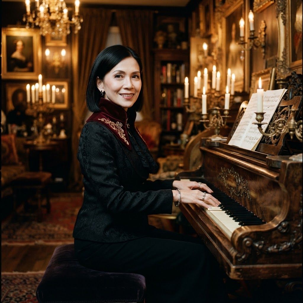 Velvet-Collar Vampire Portrait: Half-length vampire portrait seated sideways at an antique piano in an ornate salon.