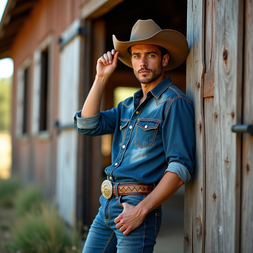 AI-generated photo: Photorealistic fashion photography. A full-body yee-haw style look captured beside a weathered barn,...