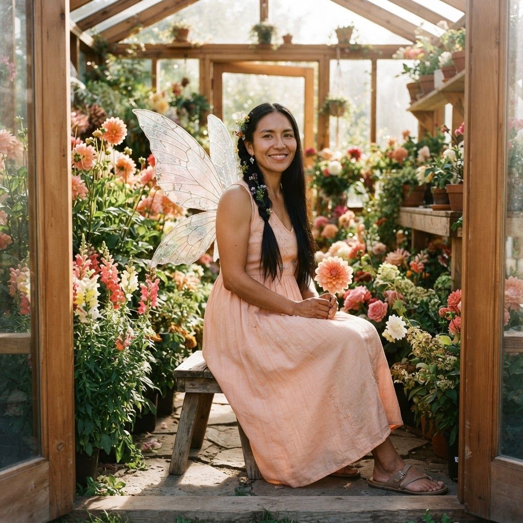 Garden Fairy Among Flowers: At the open doorway of a flower-filled greenhouse, she sits on a low wooden stool among tall dahlias and snapdragons.