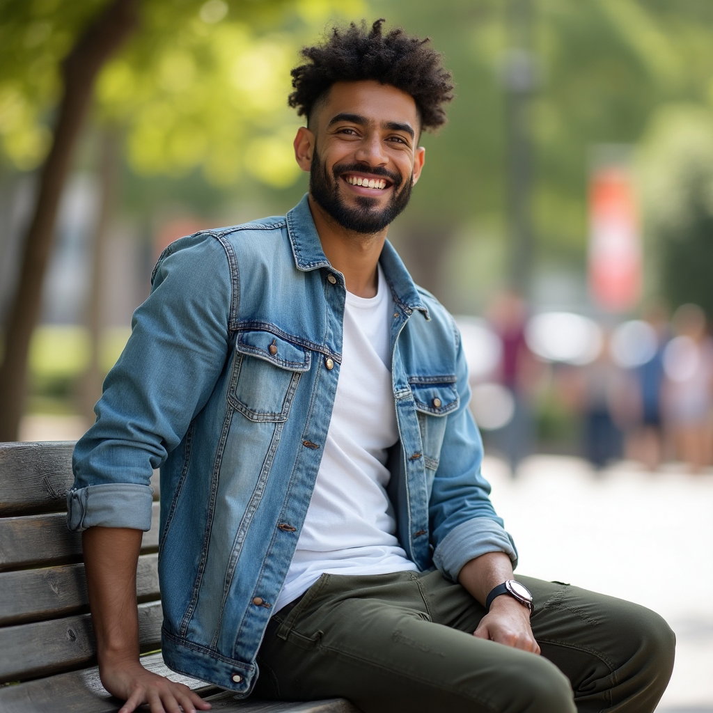 AI-generated photo: Charming Smile Portrait featuring a man in a relaxed, yet stylish outfit, consisting of a light blue...