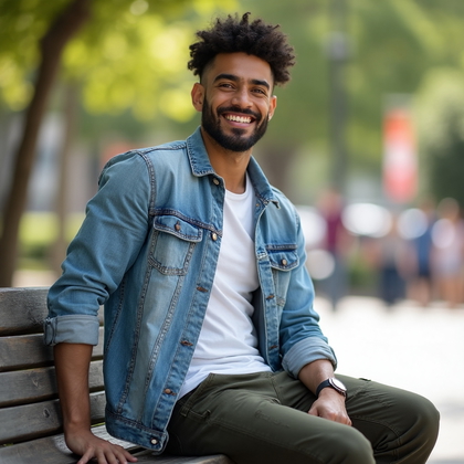 AI-generated photo: Charming Smile Portrait featuring a man in a relaxed, yet stylish outfit, consisting of a light blue...