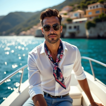 Close-Up Riviera Beauty Portraits With Sunglasses, Scarves, or Windblown Hair example: Photorealistic portrait photography. Editorial hero image for a Riviera vacation portrait, framed from mid-torso upward