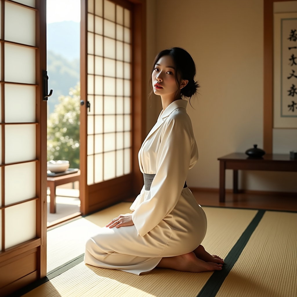 AI-generated photo: Photorealistic fashion portrait photography. The subject is positioned near a partially open shoji d...