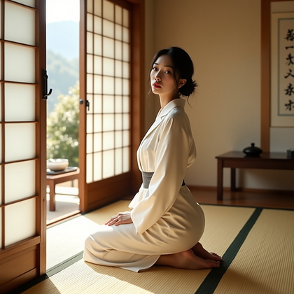 AI-generated photo: Photorealistic fashion portrait photography. The subject is positioned near a partially open shoji d...