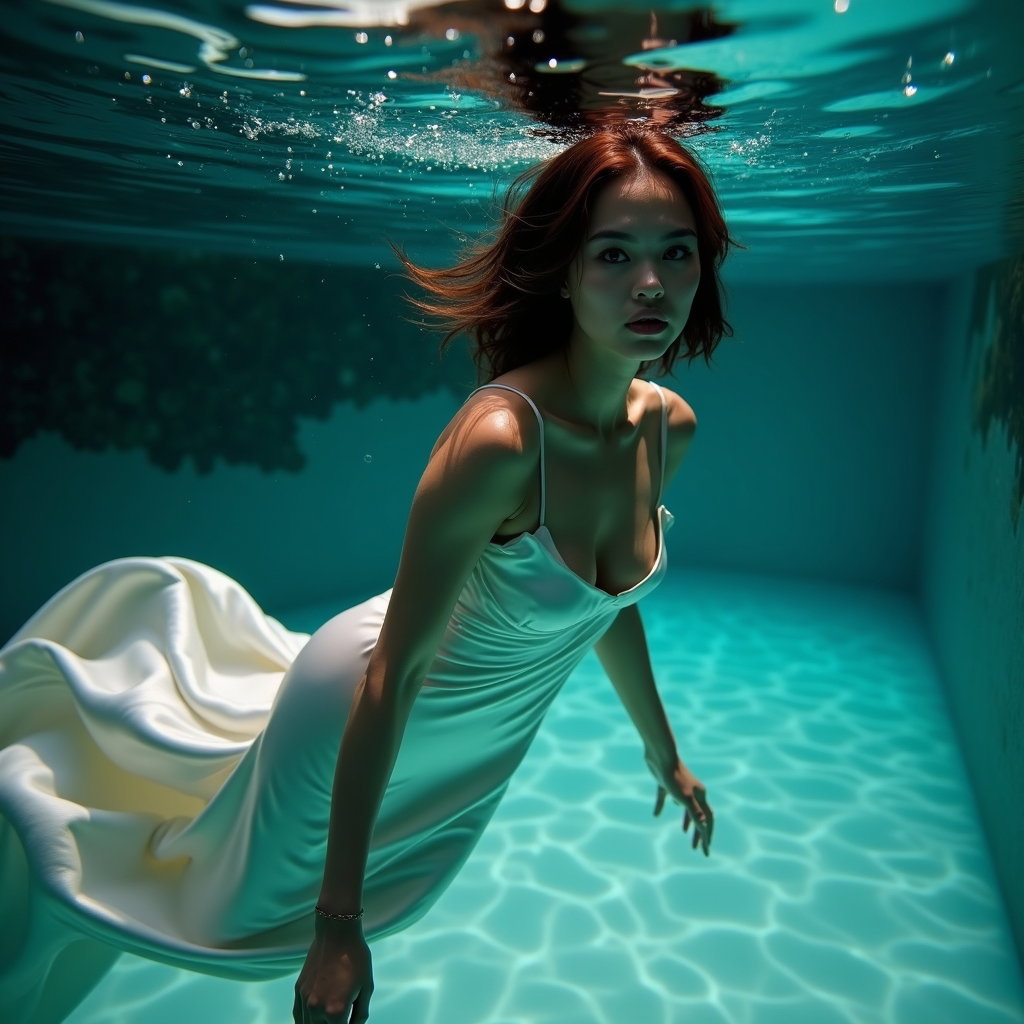 AI-generated photo: Photorealistic underwater fashion photography, a person in a sleek, body-hugging satin slip dress fl...
