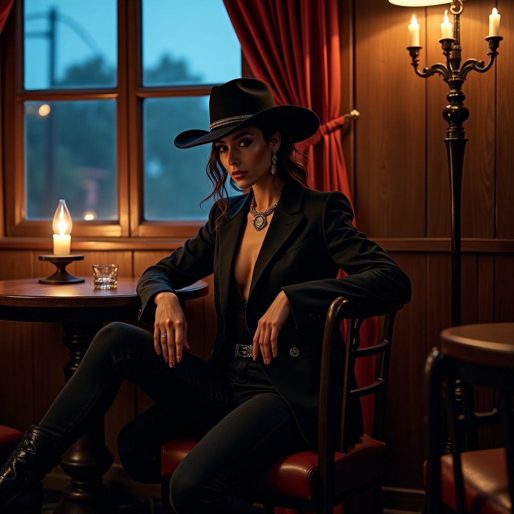 AI-generated photo: Photorealistic fashion portrait photography. A cinematic after-dark saloon portrait staged near a sm...
