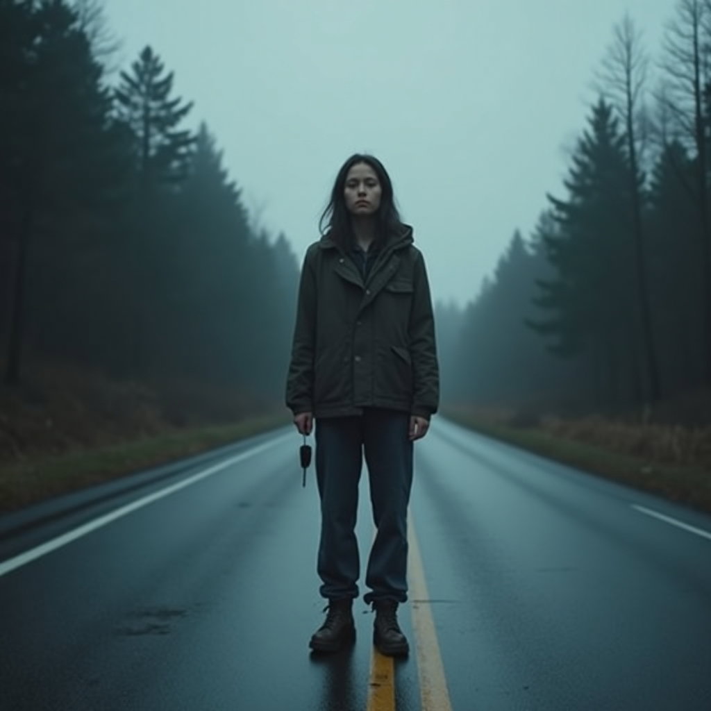 Minimal Blood Clean-Face Survivor Portrait example: Cinematic horror portrait photo. Full-body survivor portrait on an empty wet road at dawn, standing still in the center