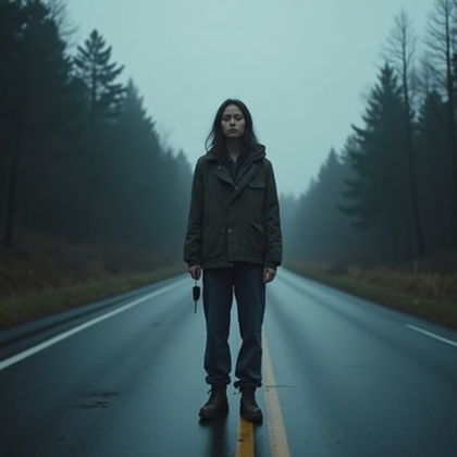 Minimal Blood Clean-Face Survivor Portrait example: Cinematic horror portrait photo. Full-body survivor portrait on an empty wet road at dawn, standing still in the center