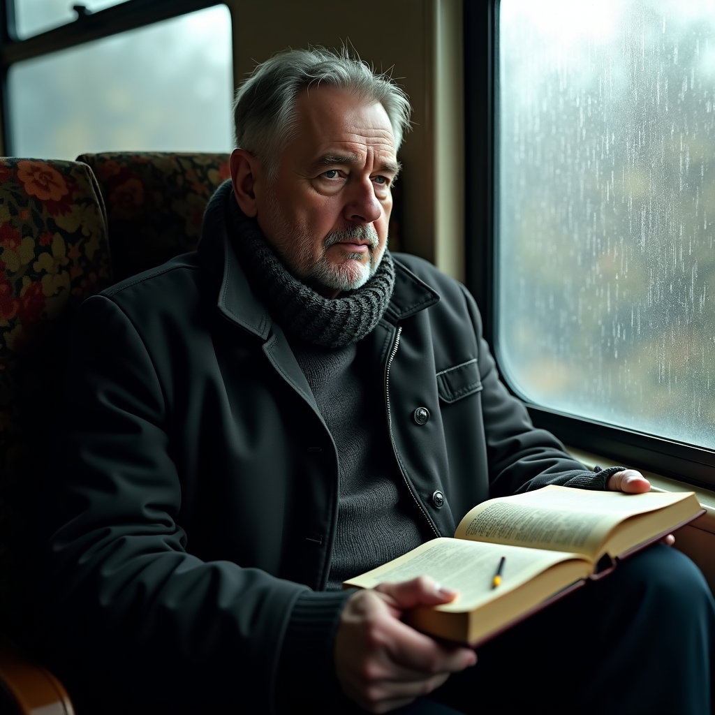 Train Window Study: Moody horizontal portrait across a train compartment bench, one person alone by the window with knees angled toward the aisle, paperback…