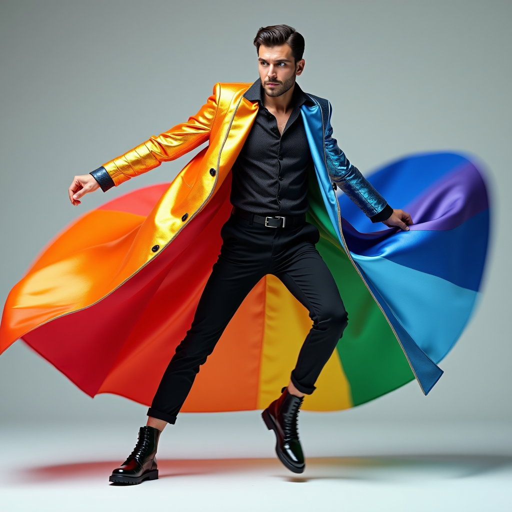 Bold Pride Fashion Editorial Portraits example: Photorealistic fashion editorial portrait. Motion-focused action portrait with the face clearly visible as the subject s