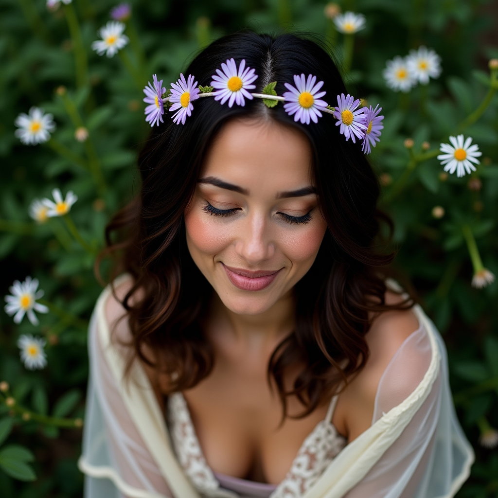 Gros plan avec couronne de fleurs : portrait serré pris en légère plongée, d’une personne au regard baissé et à l’expression paisible, avec une couronne de marguerites et de violettes portée très bas…