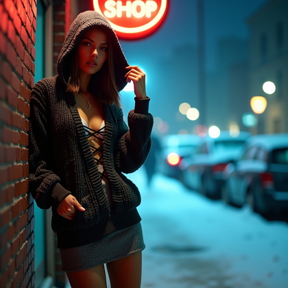 AI-generated photo: Photorealistic winter lifestyle portrait: In a neon-lit city alley where snow whirls through bands o...