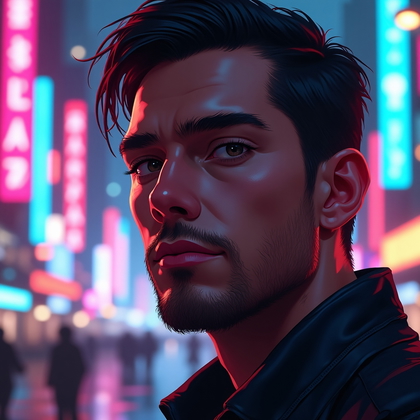 AI-generated photo: Stylized digital painting. A heroic close-up avatar portrait rendered in a painterly cyberpunk style...