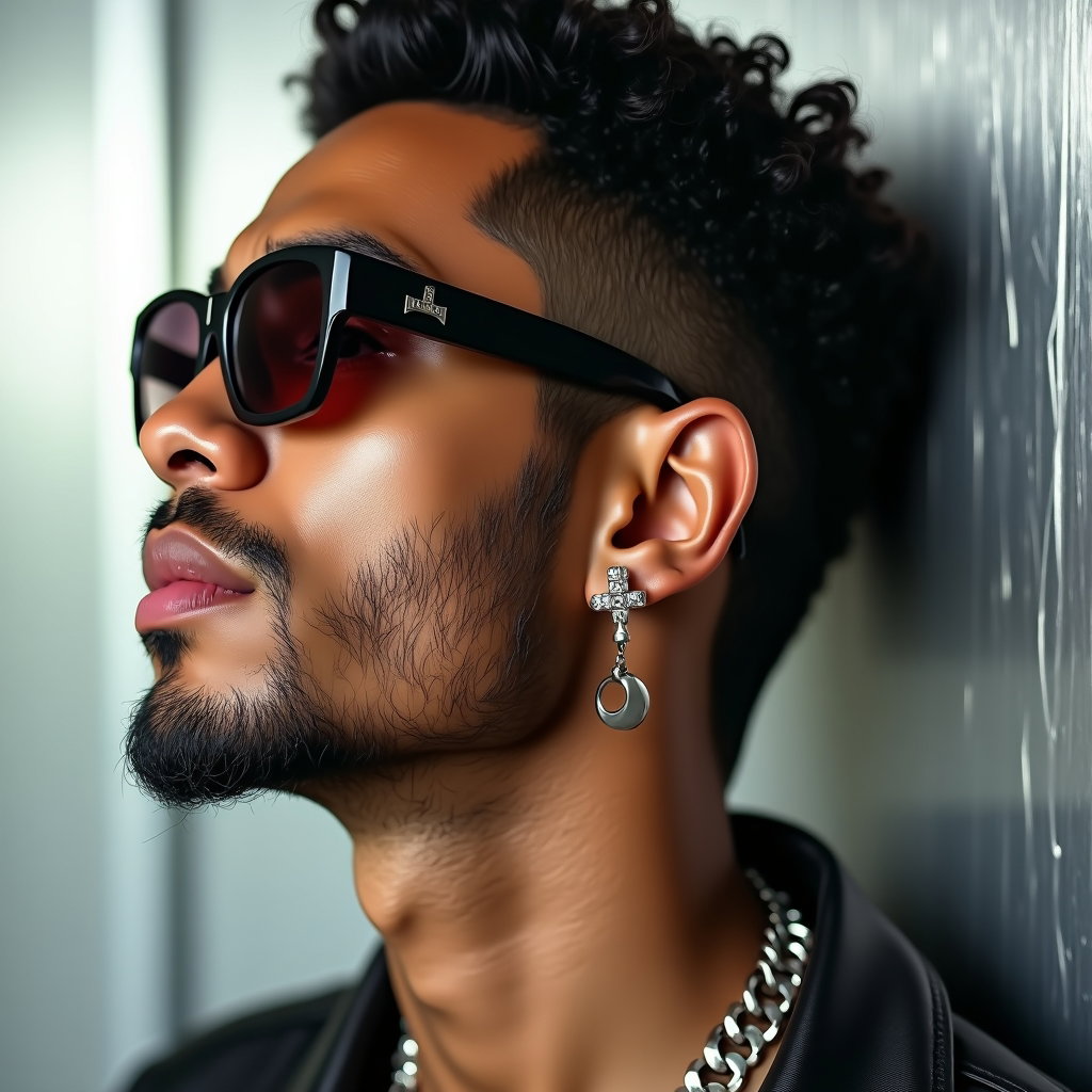 Futuristic Metallic Pop Star Album Cover Portraits example: Photorealistic album cover portrait photography. Tight profile/avatar crop with the face clearly visible in a three-quar