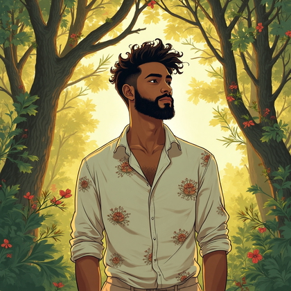 AI-generated photo: Art Nouveau illustration. Illustrate a dynamic scene where a young man stands in a sun-dappled fores...