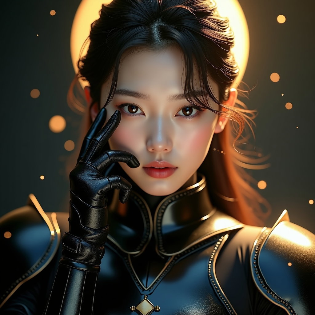 Black-and-Gold Idol Armor Portrait example: Cinematic fantasy beauty portrait photo. Close-up framing with the subject facing forward, one black armored glove held