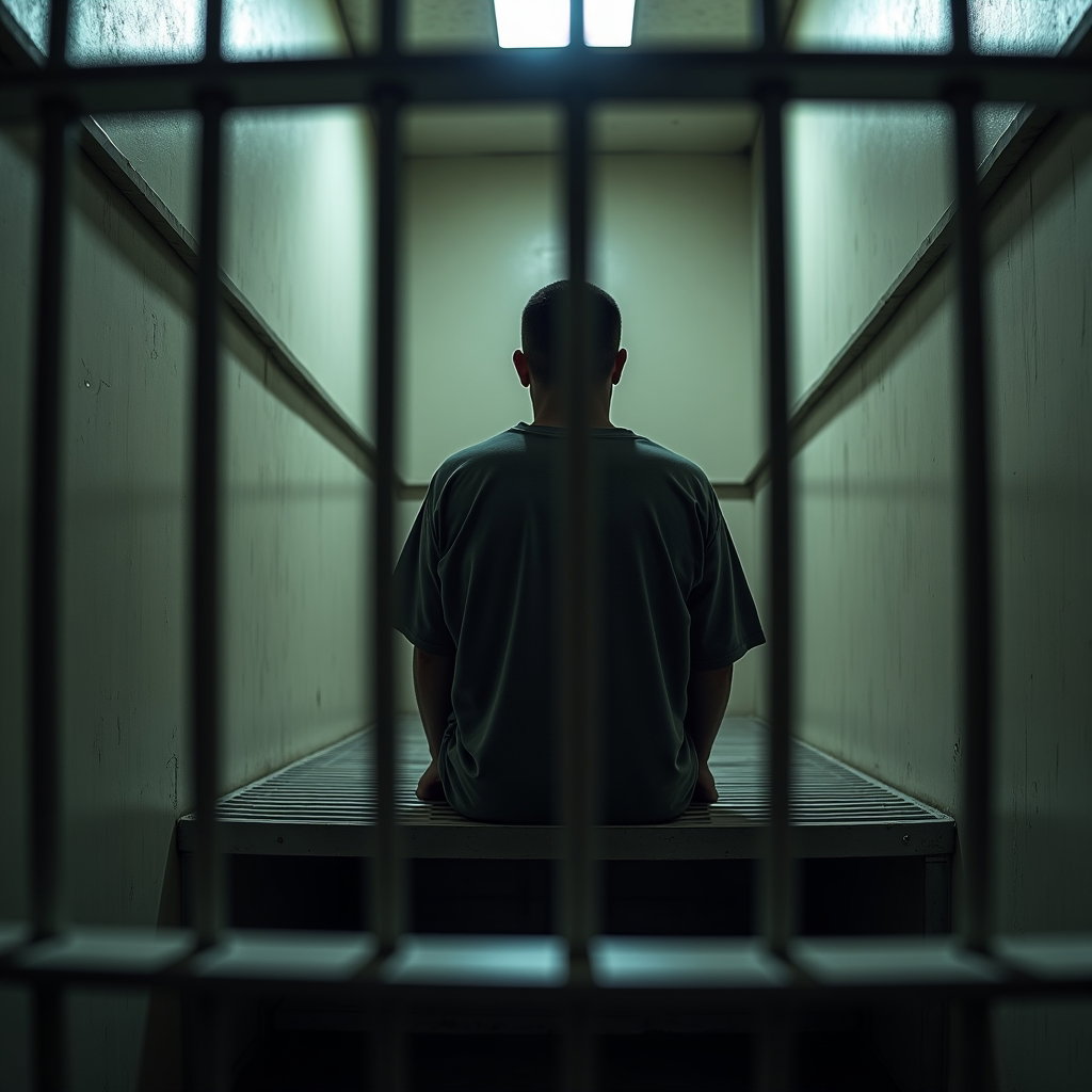 AI-generated photo: Photorealistic prison portrait photograph, close-up of a person sitting on a narrow metal bunk in a ...