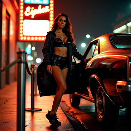 AI-generated photo: Flash-lit tabloid street photograph outside a velvet-rope nightclub, rain-slick pavement kicking bac...