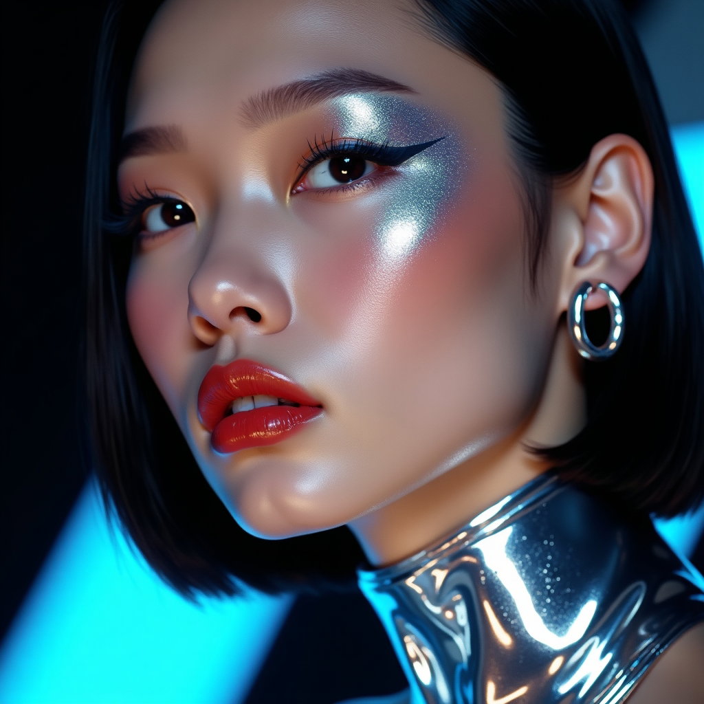 Futuristic Metallic Pop Star Album Cover Portraits example: Photorealistic album cover portrait photography. Extreme close-up crop with the face clearly visible, direct confident g