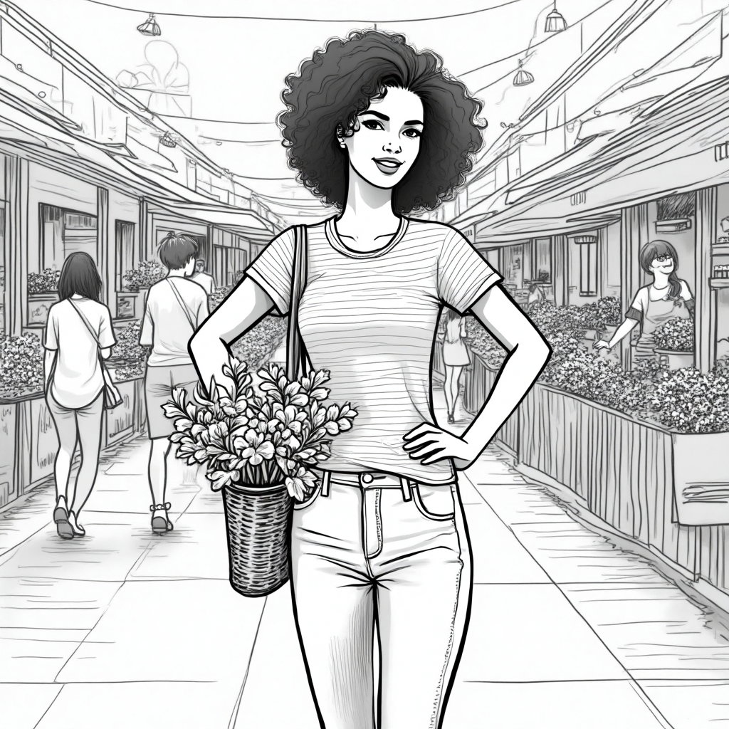 AI-generated photo: **Line Art Illustration.** Create a high-contrast black and white line art of a young woman standing...