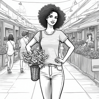 AI-generated photo: **Line Art Illustration.** Create a high-contrast black and white line art of a young woman standing...