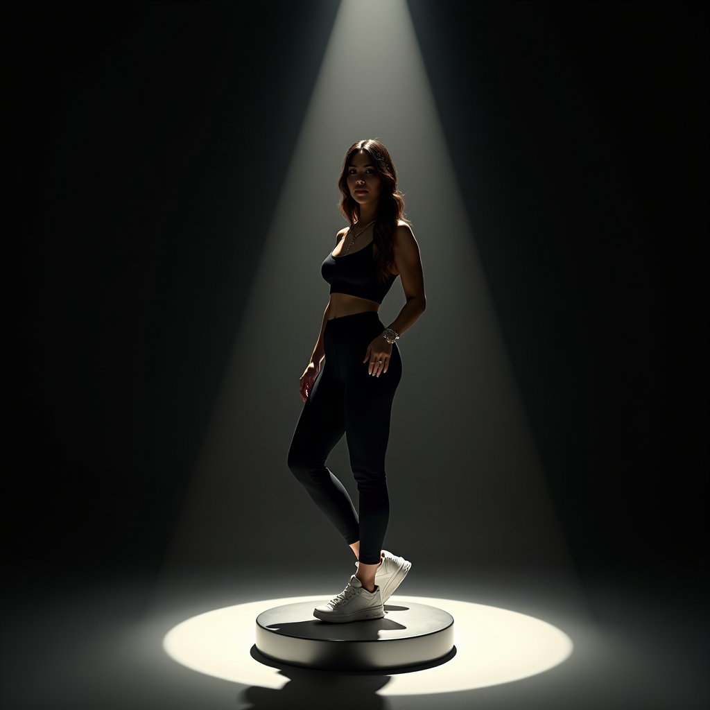 AI-generated photo: Photorealistic fashion photography, intimate mid-length portrait on a minimalist metallic podium in ...