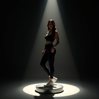 AI-generated photo: Photorealistic fashion photography, intimate mid-length portrait on a minimalist metallic podium in ...