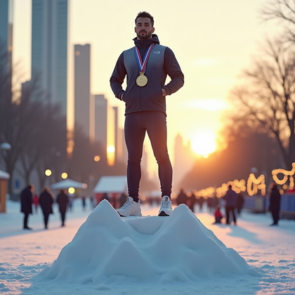 AI-generated photo: Photorealistic fashion sports photography of a snow-sculpture podium scene in an urban winter park a...