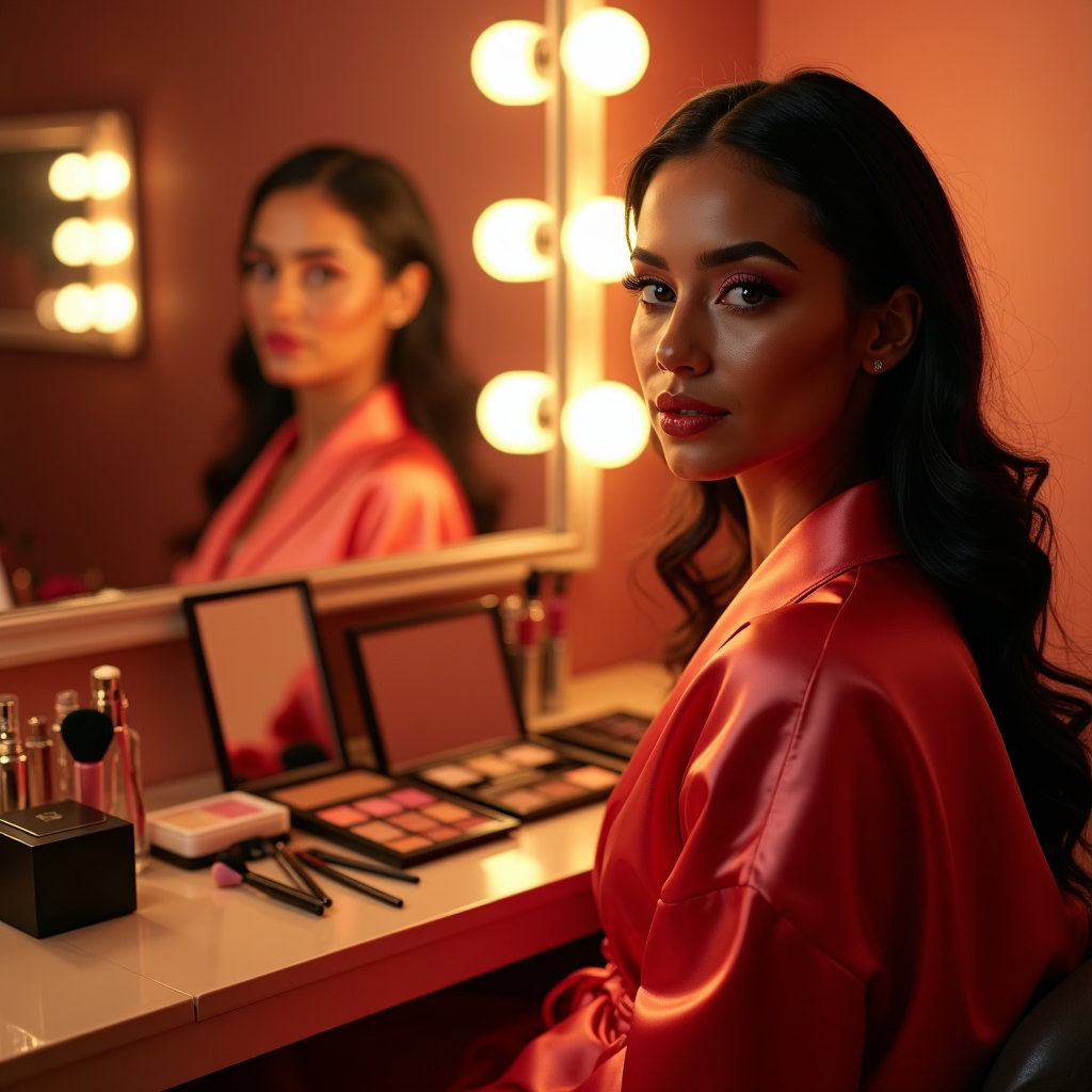 Glam Pop Diva Beauty Album Cover Photos example: Photorealistic glam pop album cover environmental portrait. Place the subject in a glamorous backstage vanity room, seat