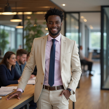 AI-generated photo: LinkedIn photo of a poised male team leader addressing a collaborative group meeting in a contempora...