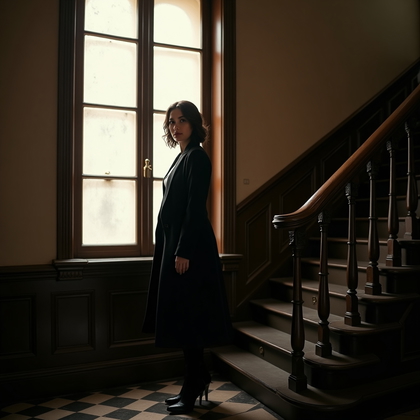 AI-generated photo: Photorealistic portrait photograph on an interior brownstone stairwell, checkered tile foyer below a...