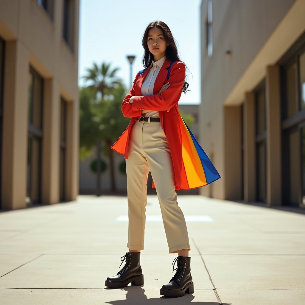 Gender-Expressive Pride Portraits With Confident Posing example: Photorealistic portrait photography, full-body portrait in a clean urban courtyard with the subject taking a powerful wi