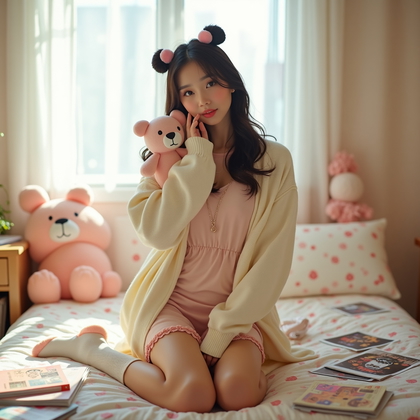 AI-generated photo: Photorealistic fashion photography, a kawaii bedroom-inspired solo concept with plush toys, glossy m...